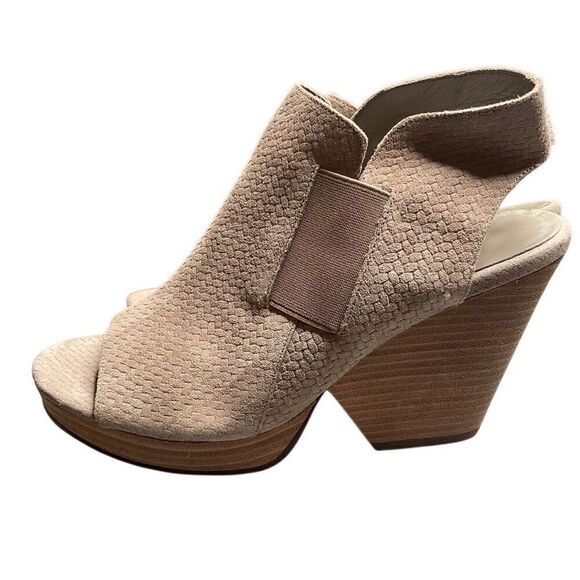Eileen Fisher Womens Vero Cuoio Suede Peeptoe Wedges 9 Tan Herringbone Elastic - Picture 5 of 15